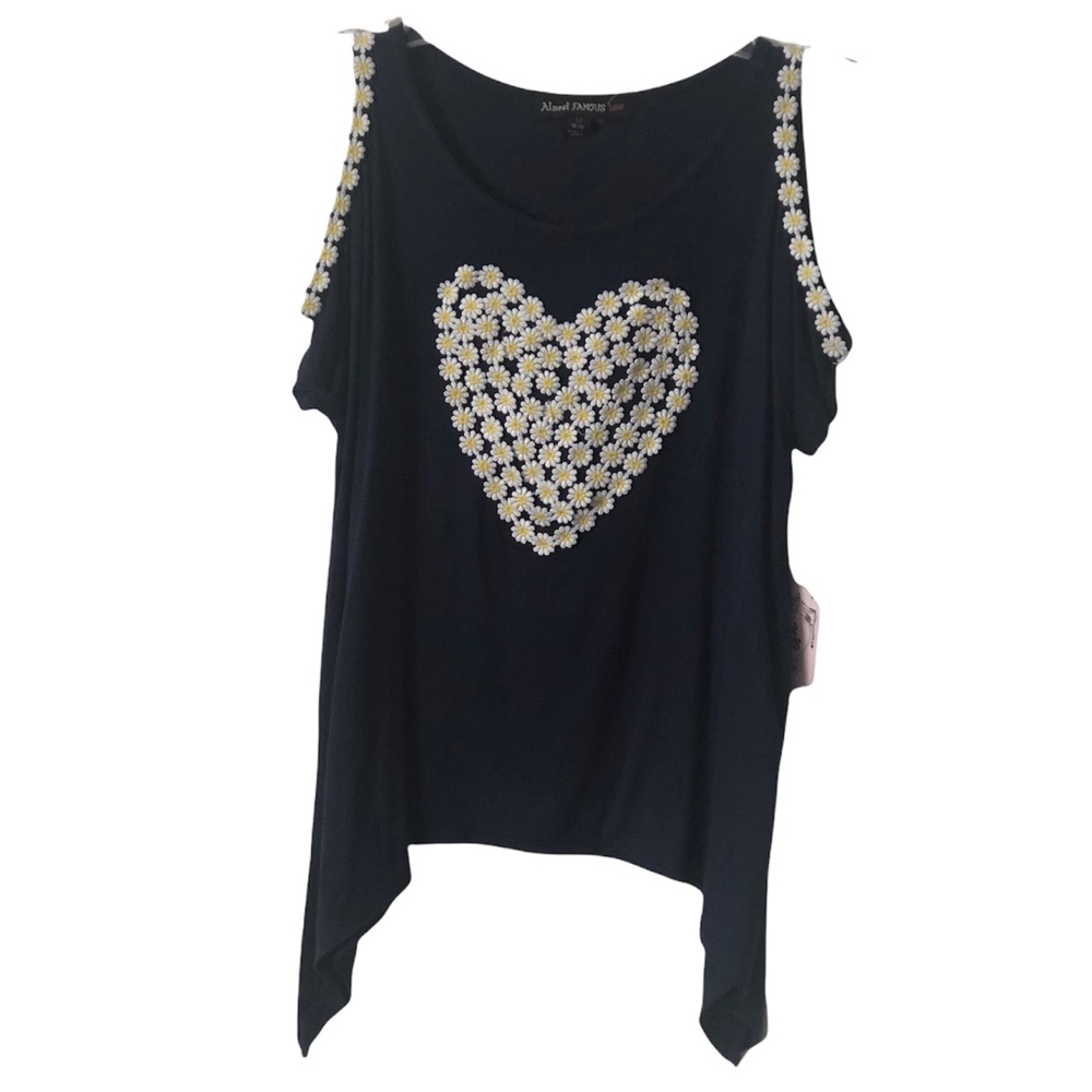 Almost Famous girls navy blue tank top with heart of daisies on front Size M - Picture 3 of 12